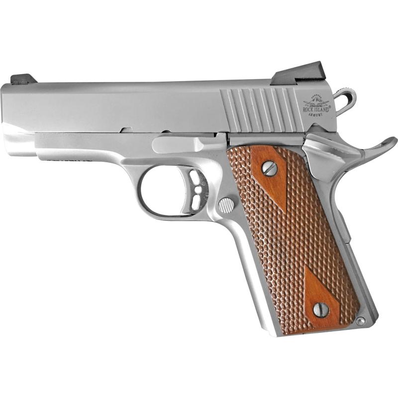 ECS, Semi-automatic, 1911, Compact, 45ACP, 3.63" Barrel, Steel Frame, Stainless Finish, Wood Grips, Fixed Sights, 7Rd, 1 Magazine 51868