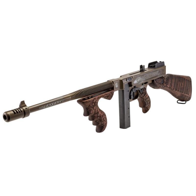 1927A-1 Deluxe, Bootlegger Special Edition, Semi-automatic Rifle, 45 ACP, 16.5" Barrel, Cerakote Finish, Distressed Burnt Bronze, Walnut Stock, 1920s Artwork, Engraved Steel Receiver, 2 Magazines, (1)-50 Round Drum and (1)-20 Round Stick Magazine T1-14C3