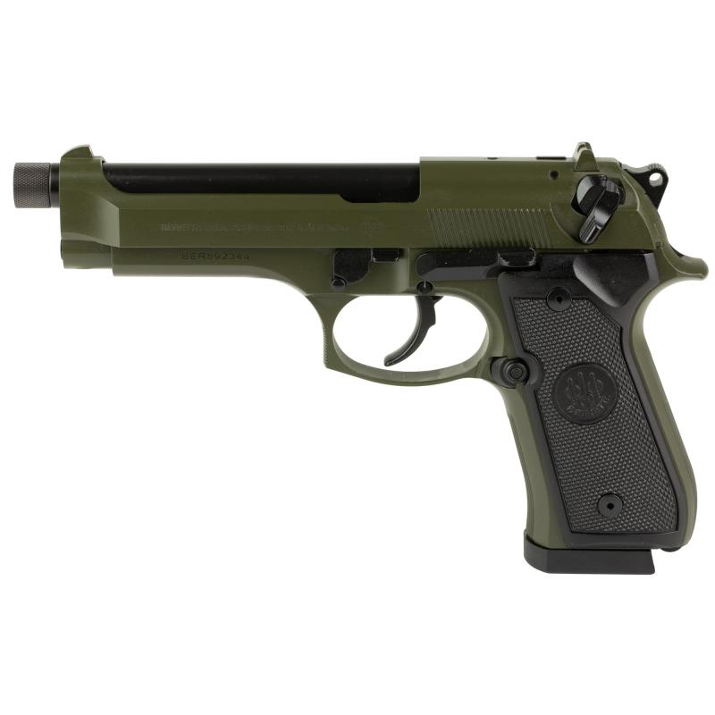 92FS, Double Action/Single Action, Semi-automatic, Full Size, 9MM, 5.1" Threaded Barrel, Cerakote Finish, Olive Drab Green, Polymer Grips, 18 Rounds, 2 Magazines J92F300GRTB18