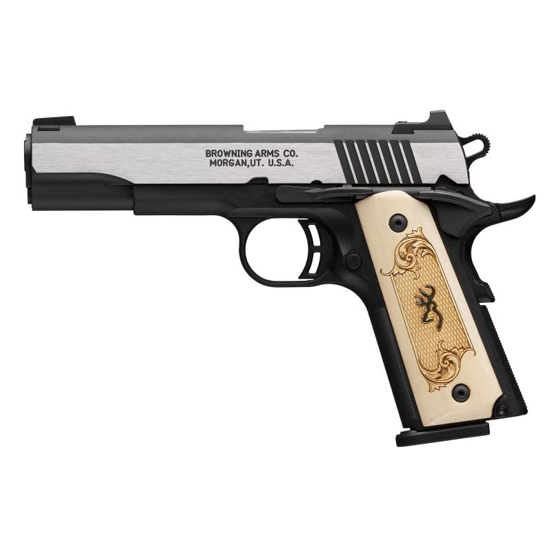 Black Label, 1911, Single Action, Semi-automatic,  Metal Frame Pistol, Full Size, 380 ACP, 4.25" Barrel, Stainless Finish, Silver, Black Frame, Maple Medallion Checkered Grips, 3 Dot Sights, 10 Rounds, 2 Magazines 051998492