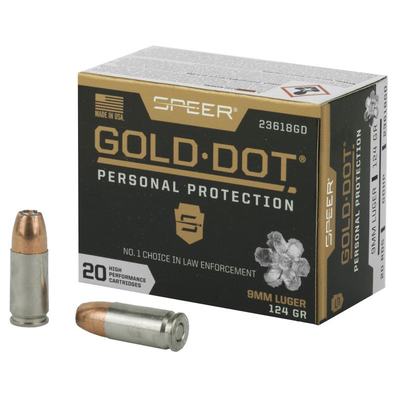Speer Gold Dot, Personal Protection, 9MM, 124 Grain, Hollow Point, 20 Round Box 23618GD