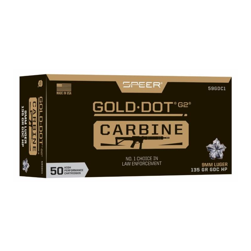 Speer Gold Dot Carbine, 9MM, 135 Grain, Gold Dot Hollow Point, 50 Round Box 59GDC1