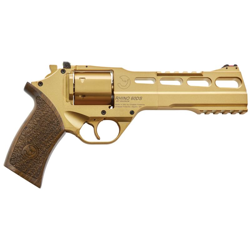Rhino 60DS, Revolver, Double/Single Action, 357 Magnum/38 Special, 6" Barrel, Alloy Frame, Walnut Grips, 6Rd, Gold Finish, 3 Moon Clips, Adjustable Rear Sight and Fiber Optic Front 340-225