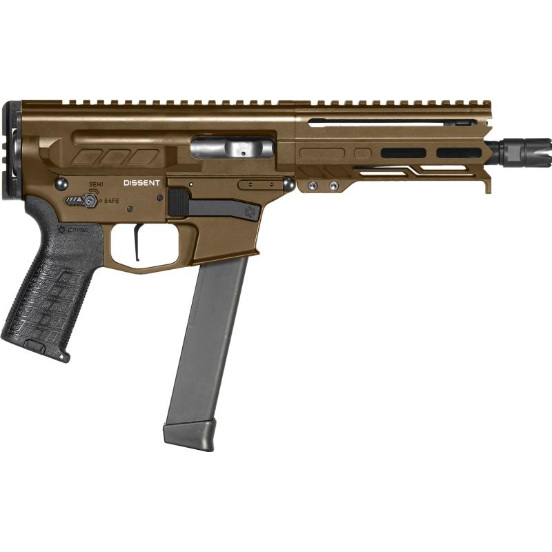 DISSENT MKGs AR Pistol | 9MM, 6.5" Threaded Barrel, 1/2x28, CMMG Zeroed Linear Compensator, Cerakote Finish, Midnight Bronze, TriggerTech AR-D 2-Stage Trigger, 5.5" M-LOK Handguard, CMMG Zeroed Polymer Grip, 2x Glock 33rd Magazines