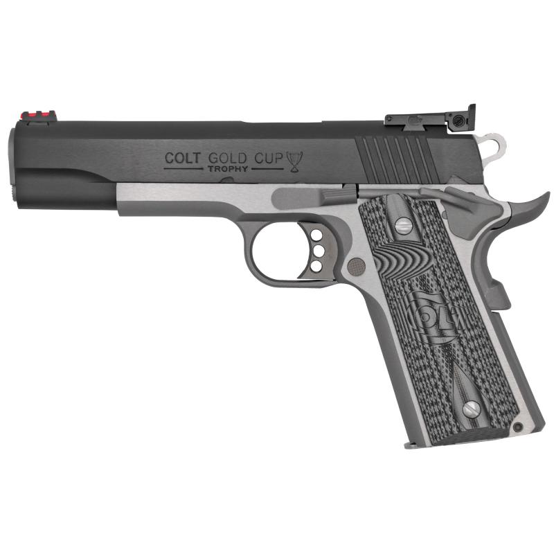 Gold Cup Lite, Semi-automatic, 1911, Full Size, 38 Super, 5" Barrel, Stainless Steel Frame, Two-tone Finish, G10 Grips, 9Rd, 1 Magazine, Right Hand, Upswept Beavertail Grip Safety, Thumb Safety, Fiber Optic Front & Adjustable Rear Sights O5073GCL-TT