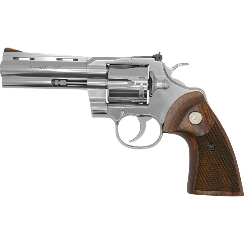 Python, Revolver, Double Action Only, 357 Magnum, 4.25" Barrel, Stainless Finish, Stainless Steel Frame, Walnut Grips, 6Rd, Red Ramp Front/Adjustable Rear PYTHON-SP4WTS