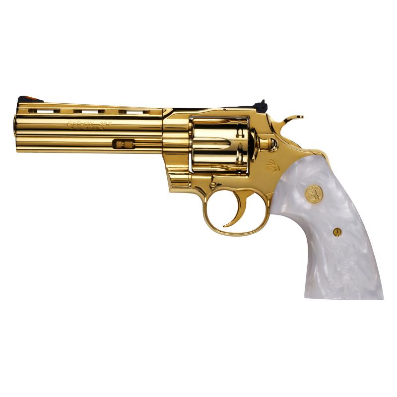 Python, Revolver, Double Action, 357 Magnum, 5", 24K Gold Frame, 24K Gold Parts, Pearlite Creme Grips With Gold Colt Emblem, 6 Rounds, 1:14, Colt Python 5" Stainless Steel, Blade Front/Adjustable Rear, Premium Black And Gold Wooden Case With Certificate