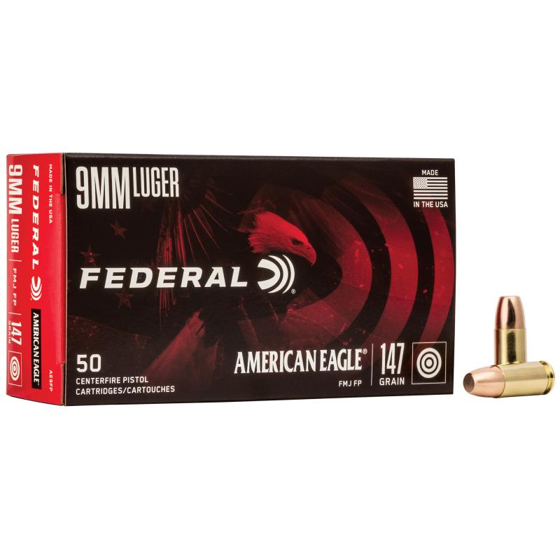 American Eagle 9mm Luger 147 Grain Full Metal Jacket Flat Point 50rd box