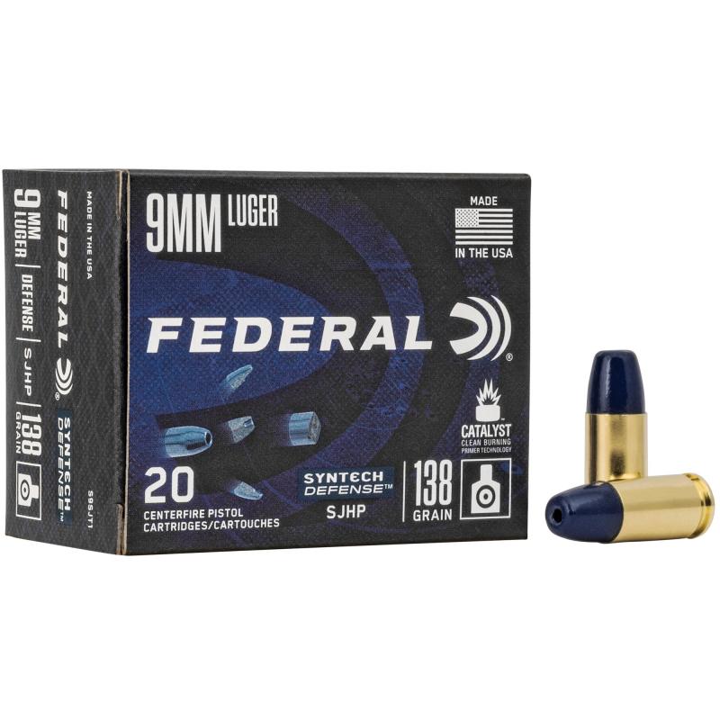 Syntech Defense with Catalyst Clean Burning Primer, 9MM, 138 Grain, Semi Jacketed Hollow Point, 20 Round Box S9SJT1