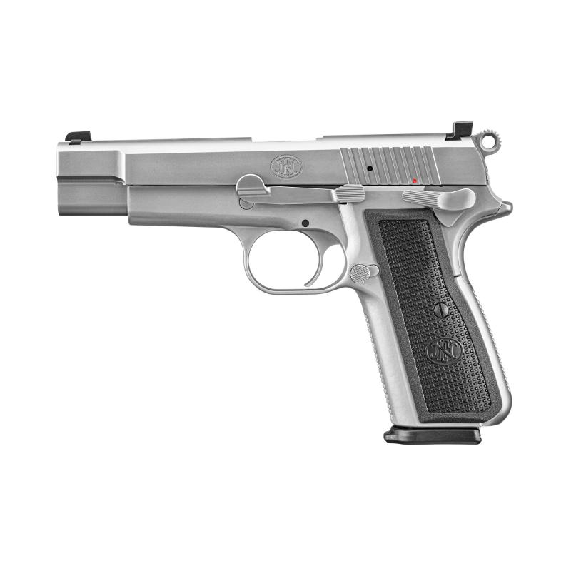 High Power, Single Action, Semi-automatic, Metal Frame Pistol, Full Size, 9MM, 4.7" Target-crowned Hammer Forged Barrel, PVD Finish, Stainless Steel, 2 Polymer Grip Pairs, Driftable Dovetail Sights, 10 Rounds, 2 Magazines, Includes Zippered Ballistic Ran