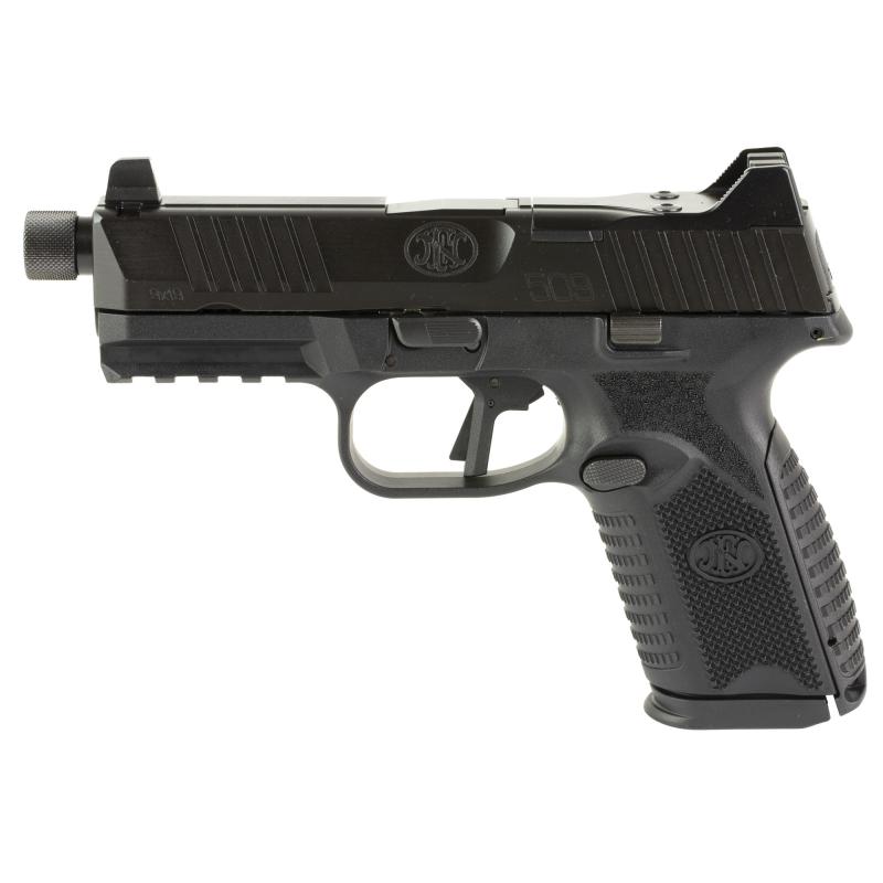 FN509M Tactical, Semi-automatic, Striker Fired, Polymer Frame Pistol, Mid-Size, 9MM, 4.5" Barrel, Threaded 1/2x28", PVD Finish, Black, Optic Ready, Flat Faced Trigger, Suppressor Height 3 Dot Night Sights, Non-Manual Safety, 5 Magazines, (1)-15 Round and