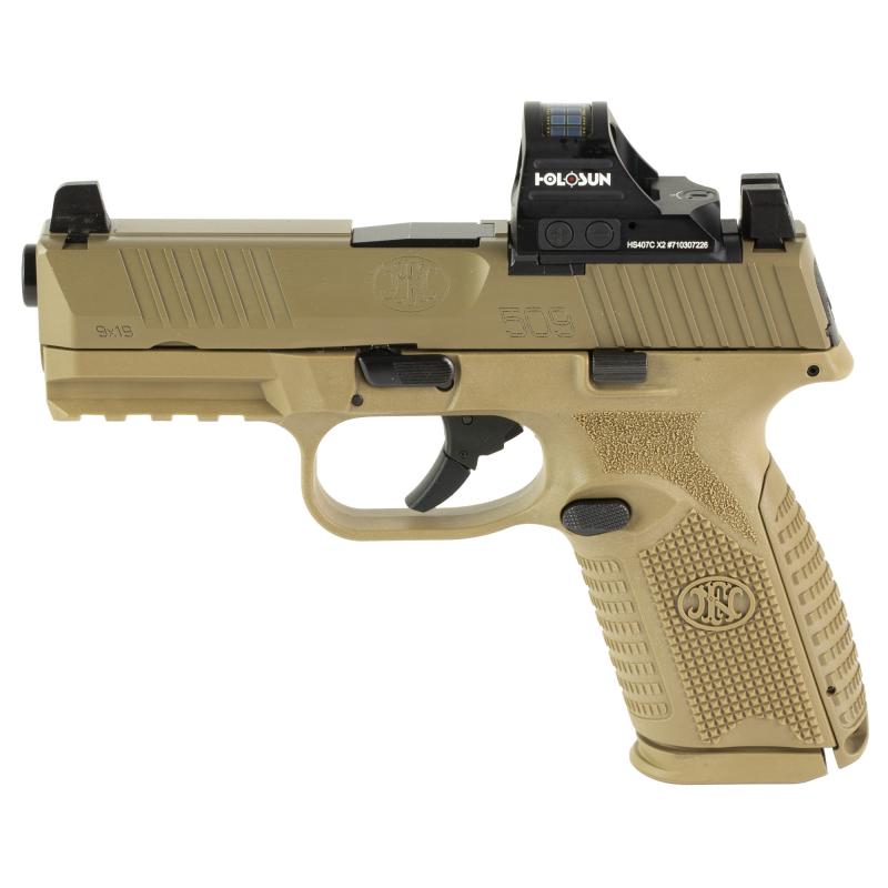 509M MRD, Striker Fired, Semi-automatic, Polymer Frame Pistol, Mid-Size, 9MM, 4" Barrel, Matte Finish, Flat Dark Earth, Inlcudes Holosun 407C Red Dot Sight, Non-Manual Safety, Optic Height Night Sights, 15 Rounds, 2 Magazines 66-101932