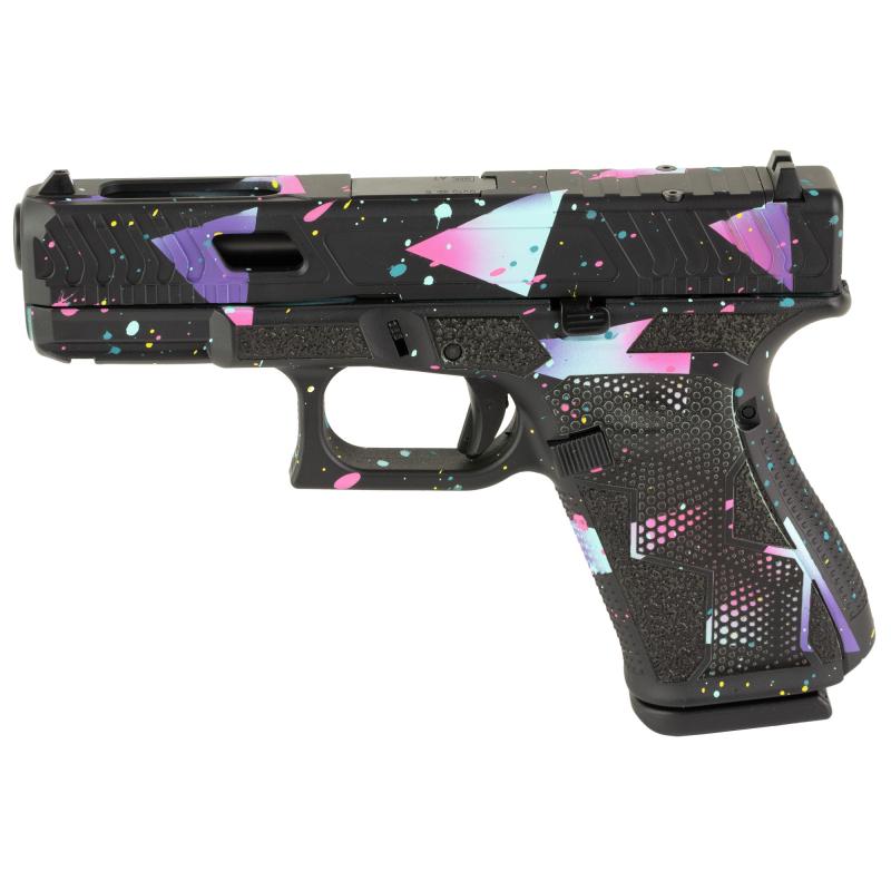 19 Gen5, Striker Fired, Compact, 9MM, 4.02" Marksman Barrel, Polymer Frame, Fixed Sights, 15Rd, 3 Magazines, Ambidextrous Slide Stop Lever, Flared Mag Well, nDLC Finished Slide and Barrel, No Finger Grooves, Front Serrations, Black Base Finish With Cyan/
