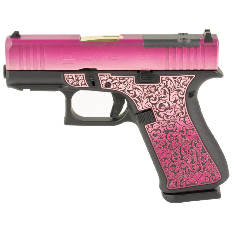43X, M.O.S, Striker Fired, Semi-automatic, Polymer Frame Pistol, Sub-Compact, 9MM, 3.41" Barrel, Custom Black and Pink Cerakote Finish by Shark Coast Tactical, Fixed Sights, Optic Ready, Gold Barrel, 10 Rounds, 2 Magazines PX4350201FRMOS