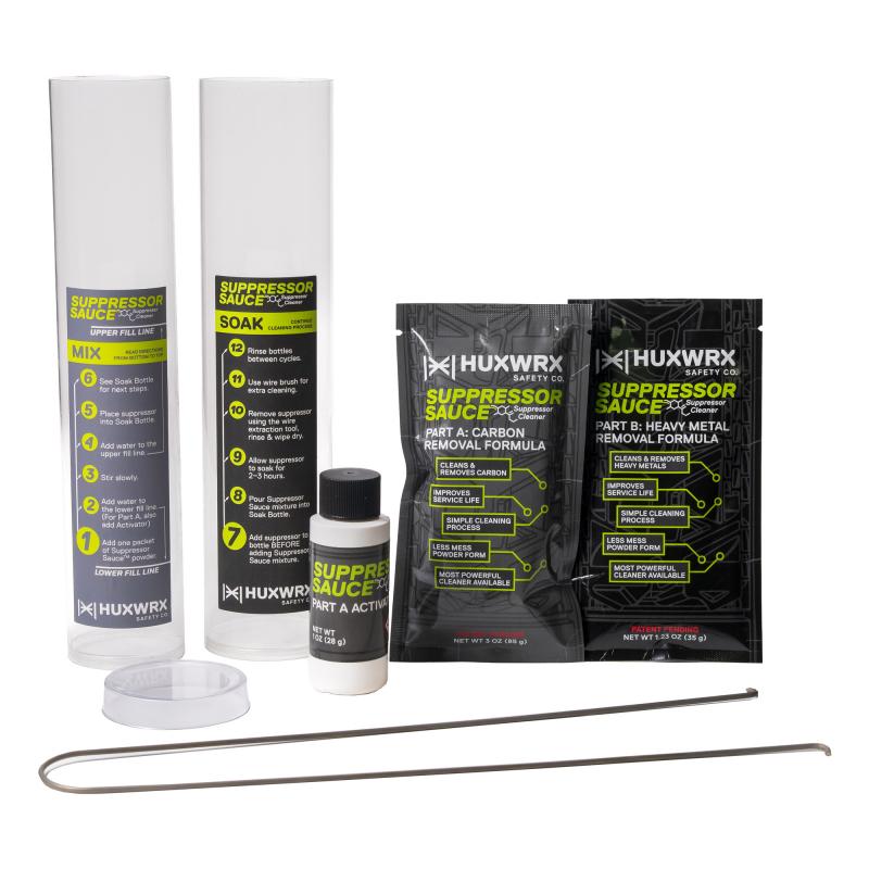 Suppressor Sauce Cleaning Kit, Multi Color, Includes Mix & Extraction Wire Tool, Mix Bottle, Soak Bottle with Lid, One Packet of Part A: Carbon Removal Formula, One Bottle of Part A: Activator, One Packet of Part B: Heavy Metal Removal Formula 3202
