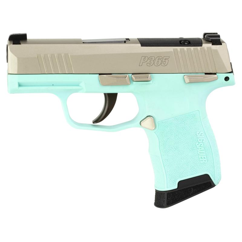 P365, Striker Fired, Semi-automatic, Polymer Frame Pistol, Sub-Compact, 380 ACP, 3.1" Barrel, Turquoise Frame, Nickel Optics Ready Slide, SIGLITE Day/Night Sights, 2 Magazines, 10 Rounds 365-380-REB-MS