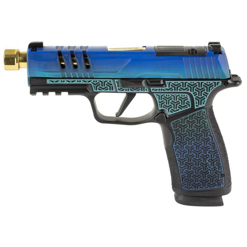 P365, XMacro, Striker Fired, Semi-automatic, Polymer Framed Pistol, Sub-Compact, 9MM, 3.7" Zaffiri Precision Threaded Gold Barrel, Cerakote Finish, Galactic June Bug, XRAY3 Day/Night Sights, Optic Ready, 17 Rounds, 2 Magazines 365XCA9GJBGOLD-SCT