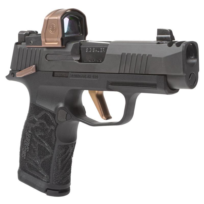 DISCONTINUED P365 Rose w/ Romeo Zero Elite | 9mm, 3.1" Barrel with Integrally Compensated Slide, Red Dot, Black with Rose Gold Controls and Engraving, SIGLITE Day/Night Sights, Two 12 Round Mags, Optics Ready, Vaultek Safe, Dummy Rounds