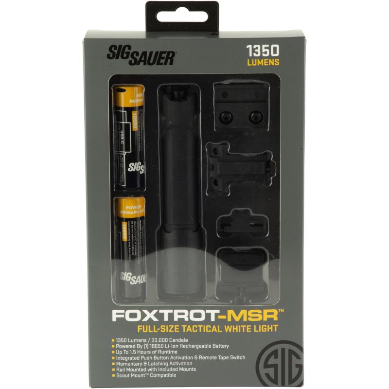 FOXTROT MSR FULL SIZE, Mounted Light, 35,000 Candela, 1350 Lumens, Full Size White Light, Accepts (1) 18650 Li-ion Rechargeable Battery or (2) CR123A Batteries, M-LOK and Picatinny Mount, Remote, Matte Finish, Black SOFR1FS0
