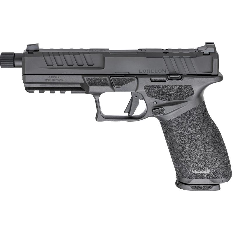 Echelon, Semi-automatic, Striker Fired, Polymer Framed Pistol, Full Size, 9MM, 5.28" Threaded Barrel, 1/2X28 Thread Pitch, Melonite Finish, Black, Optics Ready Slide, Tritium 3 Dot Night Sights, 2 Magazines, (1)-17 Round and (1)-20 Round ECT9459B-3D