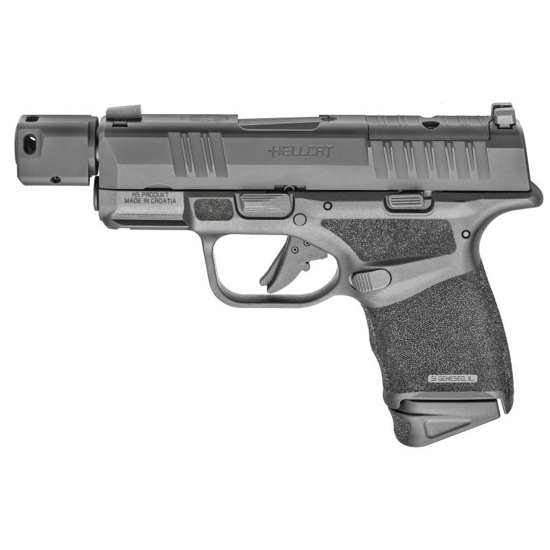 Hellcat, RDP, Striker Fired, Semi-automatic, Polymer Frame Pistol, Micro-Compact, 9MM, 3.8" Hammer Forged Barrel, Melonite Finish, Black, Textured Grips, Front Tritium Night Sight, Tactical Rack U-Notch Rear Sight, Optics Ready, Compensator, 2 Magazines,