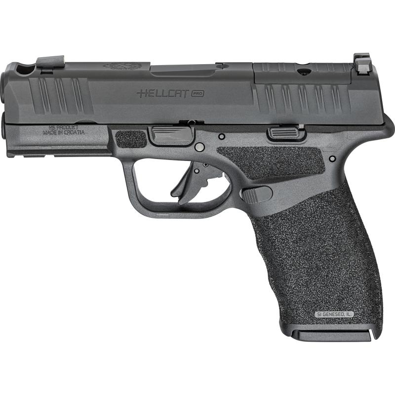 Hellcat Pro Comp OSP, Striker Fired, Semi-automatic Pistol, 9MM, 3.7" Hammer Forged Barrel with Comp, Melonite Finish, Black, Adaptive Textured Grip, Tritium Front Sight, Tactical Rack U-Notch Rear Sight, 2 Magazines, 15 Rounds HCP9379BOSP-15-COMP