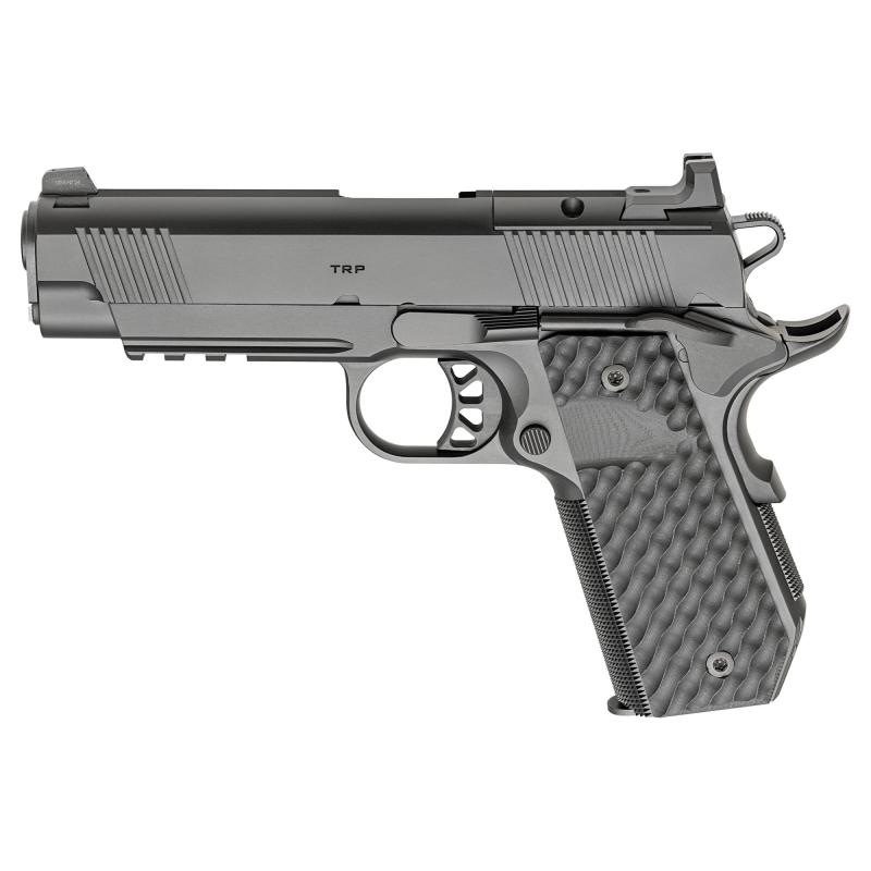 Tactical Response Pistol, Carry Contour, Semi-automatic, 1911, Metal Frame Pistol with Rail, Commander Size, 9MM, 4.25" Match Grade Barrel, Cerakote Finish, Black, AOS Optic Cut, VZ Grips Hydra G10 Grips, Front Tritium and Black Rear Sight, 9 Rounds, 3 M