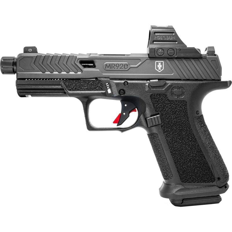 MR920 War Poet Edition, Semi-automatic, Polymer Frame Pistol, Compact, 9MM, 4.5" Spiral Threaded Barrel, Nitride Finish, Black, Holosun 507c Red Dot, Trigger Safety, Front Tritium Night Sight, 15 Rounds, 2 Magazines, Includes (3) Backstraps, Backstrap To