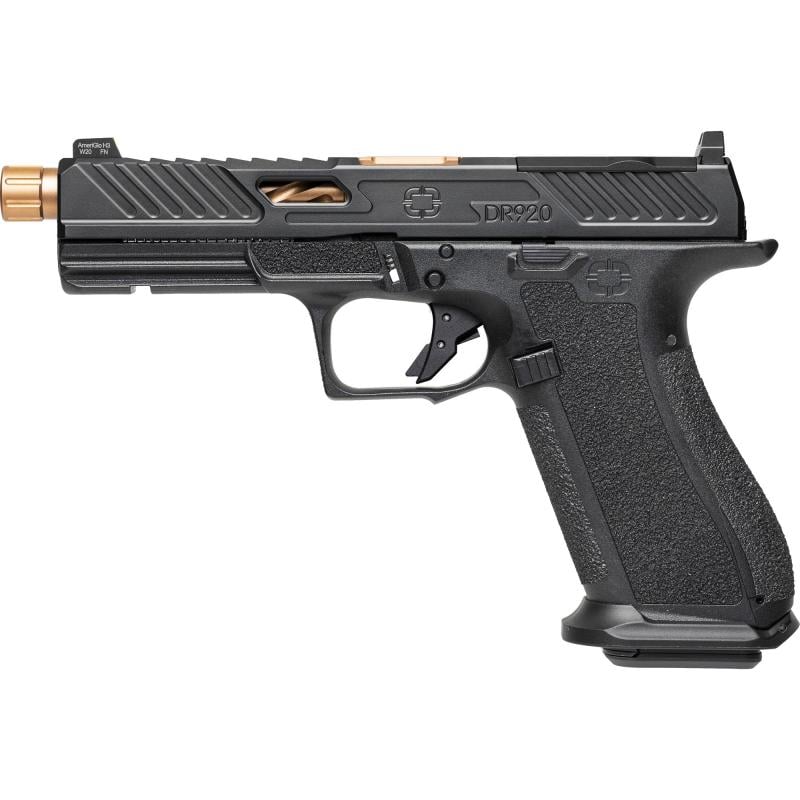 DR920, 9mm, Black Frame, Elite Slide Optic Black, Spiral Threaded Barrel Bronze, SS Rod, Grn Trit