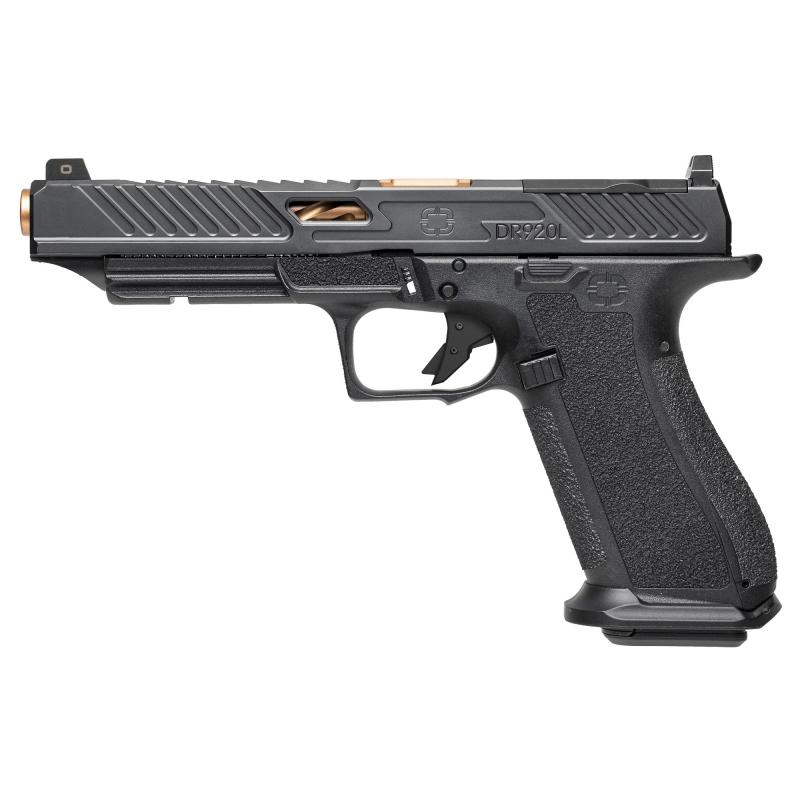 DR920L Elite, Striker Fired, Semi-automatic, Polymer Frame Pistol, Full Size, 9MM, 5.31" Bronze Spiral and Fluted Barrel, Nitride Finish Slide, Black, Optics Ready, Flat Faced Trigger, Trigger Safety, Tritium Front Night Sight, 17 Rounds, 2 Magazines, In