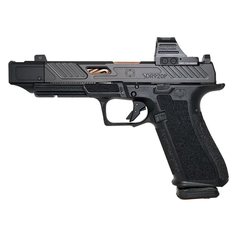 DR920 Elite, Striker Fired, Semi-automatic, Polymer Frame Pistol, Fullsize, 9MM, 4.8" Bronze Spiral Fluted Barrel with Integrated Compensator, Black Slide and Frame, Holosun  507c Red Dot, Flat Faced Trigger, Trigger Safety, Front Tritium Night Sight, 17