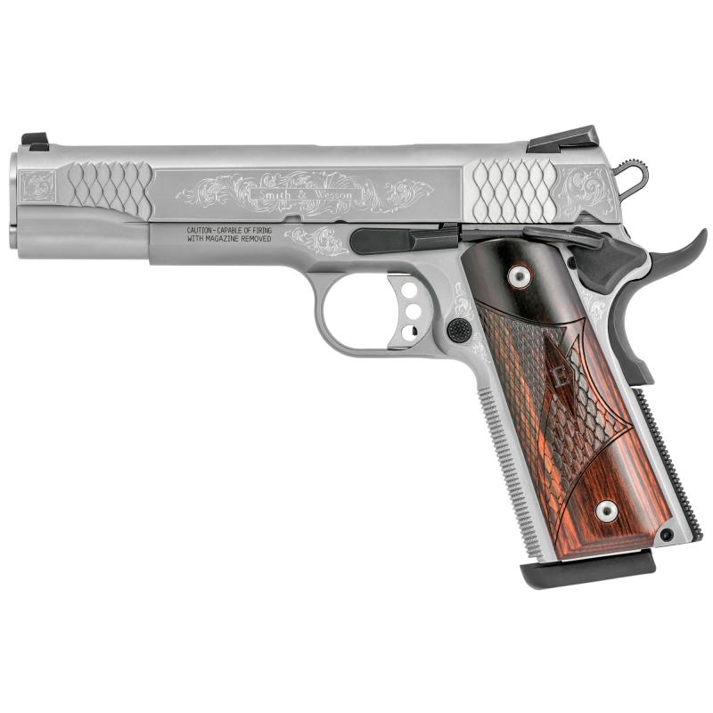 Model SW1911 Engraved .45 ACP 4.25 Inch Stainless Steel Barrel Engraved Slide Glass Bead Finish Wood Grip 8 Round