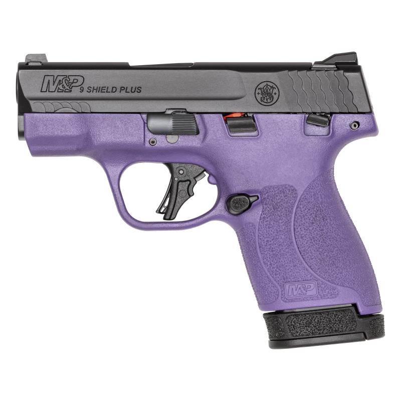 Shield Plus, M&P9, Semi-automatic, Striker Fired Polymer Frame Pistol, Micro-Compact, 9MM, 3.1" Barrel, Armornite Finish, Black Slide, Purple Cerakote Frame, White Dot Sights, Manual Thumb Safety, Flat Face Trigger, 2 Magazines, (1) 10-Round (1) 13-Round