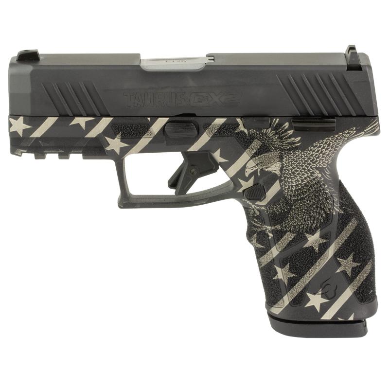 GX2, Semi-automatic, Striker Fired, Compact, 9MM, 3.38" Barrel Length, Matte Finish, Black and White with Custom Eagle Engraving on Grip, White Dot Front Sight with Drift Adjustable Rear Sight, 13 Rounds, 2 Magazines 1-GX2931-EN1