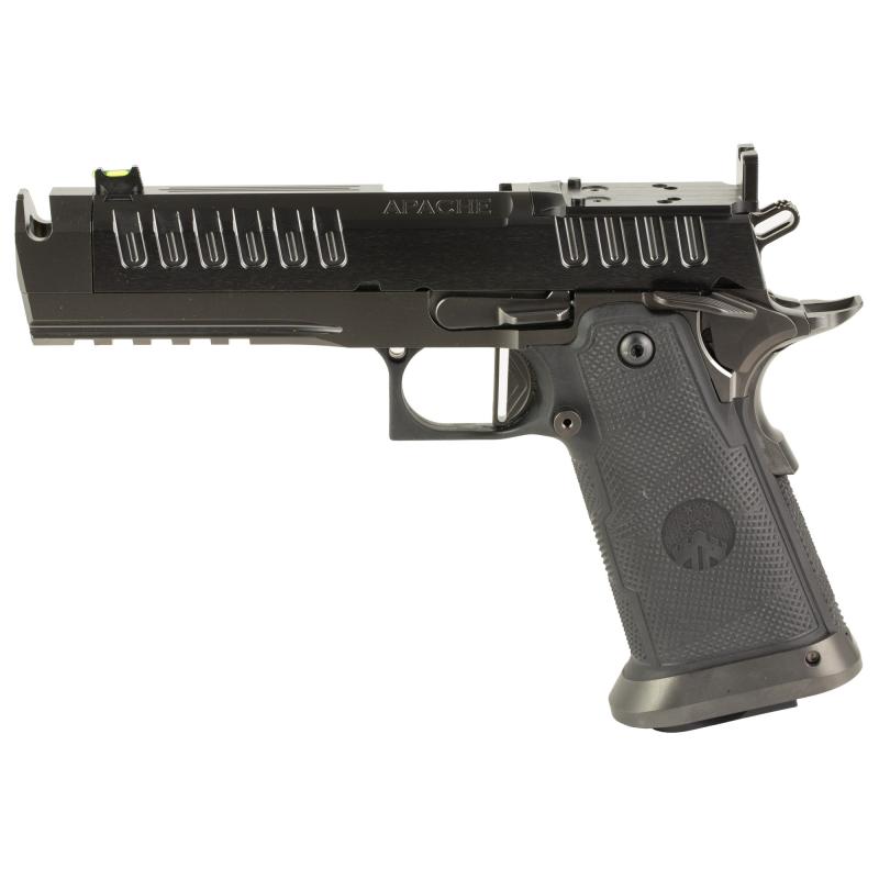Apache, Semi-automatic, 1911, Metal Frame Pistol, Full Size, 9MM, 4.6" Threaded Barrel with Compensator, PVD Finish, Black and Graphite, Optics Ready, Fiber Optic Front Sight, 2 Magazines,(1)-17 Round and (1)-20 Round APACHE-9MM-46-BLK