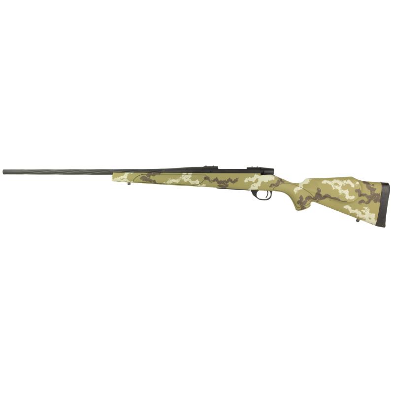 Vanguard Outfitter, Bolt Action Rifle, 270 Winchester, 24" Spiral Fluted #2 Contour Barrel, Threaded 1/2-28, 1:10" Twist, Cerakote Finish, Graphite Black, Weatherby Monte Carlo Stock, Brown and White Hand Sponge Paint, Two Stage Adjustable Trigger, Accub