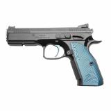 Shadow 2 ACCU, 2023X, Single Action, Semi-automatic, Metal Frame Pistol, 9MM, 4.89" Barrel, CZ Custom ACCU Bushing, Polycoat Finish, Black, Adjustable Rear Sight & Fiber Optic Front, Blue Aluminum Grips, 17 Rounds, 2 Magazines 91039