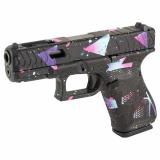 19 Gen5, Striker Fired, Compact, 9MM, 4.02" Marksman Barrel, Polymer Frame, Fixed Sights, 15Rd, 3 Magazines, Ambidextrous Slide Stop Lever, Flared Mag Well, nDLC Finished Slide and Barrel, No Finger Grooves, Front Serrations, Black Base Finish With Cyan/