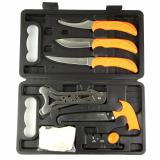Jager Pak Game Processing Kit, Fixed Blade Knife Set, Plain Edge, 420J2 Stainless Steel, Orange Handle, Includes (1) Gutting Knife, (1) Skinner Knife, (1) Boning Knife, (1) T-Handle Saw, (1) Sharpener, (1) Rib Spreader, Game Cleaning Gloves, Hard Case JP