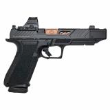 DR920 Elite, Striker Fired, Semi-automatic, Polymer Frame Pistol, Fullsize, 9MM, 4.8" Bronze Spiral Fluted Barrel with Integrated Compensator, Black Slide and Frame, Holosun  507c Red Dot, Flat Faced Trigger, Trigger Safety, Front Tritium Night Sight, 17